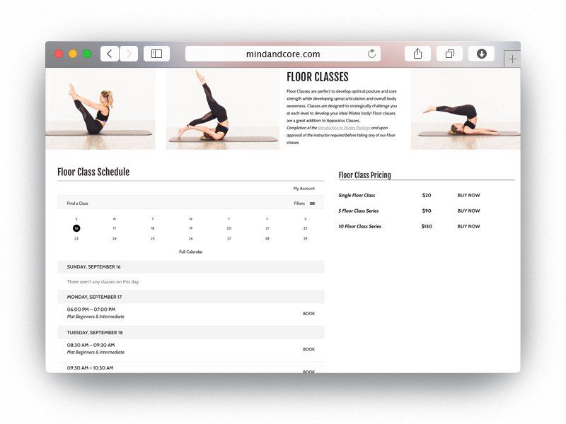 Mind and Core website page with Mindbody branded app