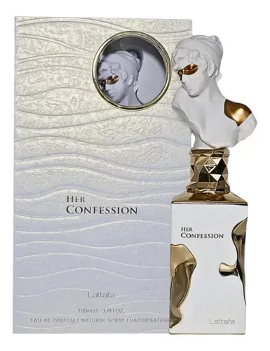 Frasco de perfume blanco y dorado con caja etiquetada como 