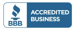 BBB Accredited Business logo, white flame on blue background.