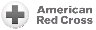 American Red Cross logo: white circle with gray cross; 