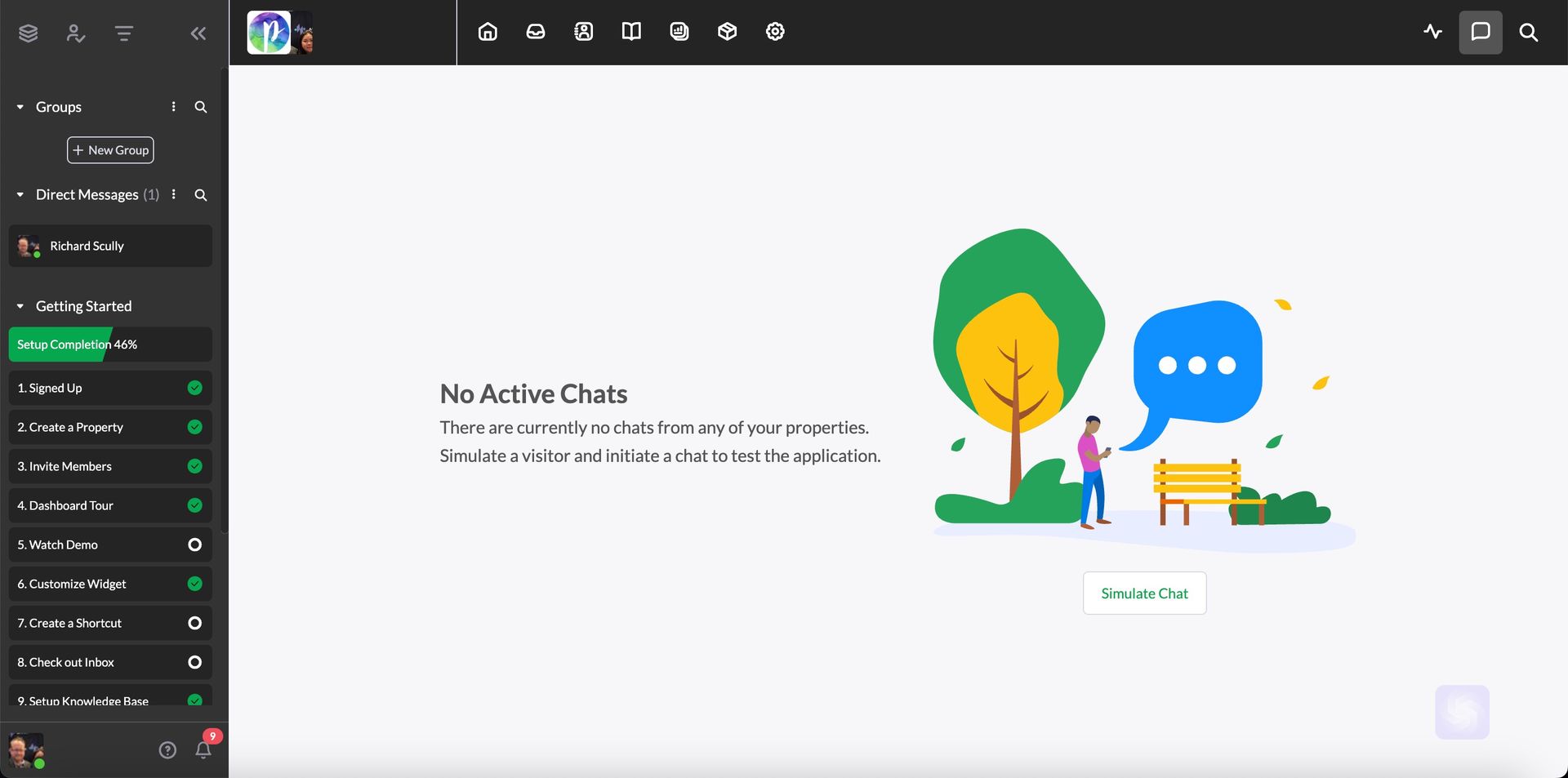 A man is sitting on a bench in a park with a speech bubble.