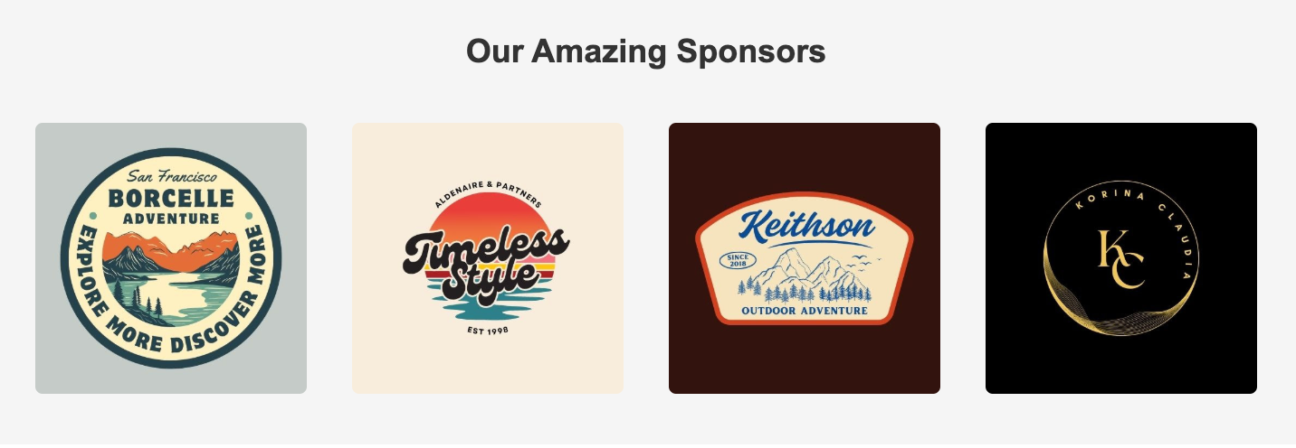 Logos of four sponsors: adventure, fashion, food, and consulting companies.