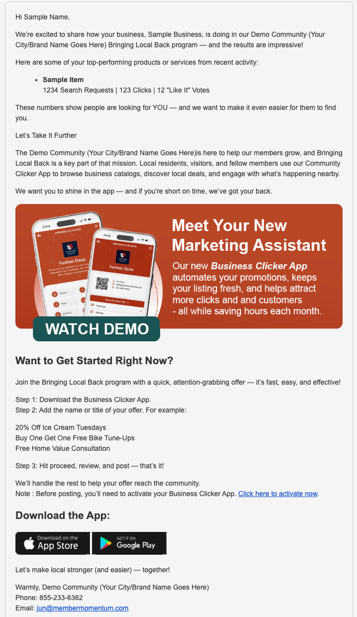Screenshot of an email marketing assistant, with a 