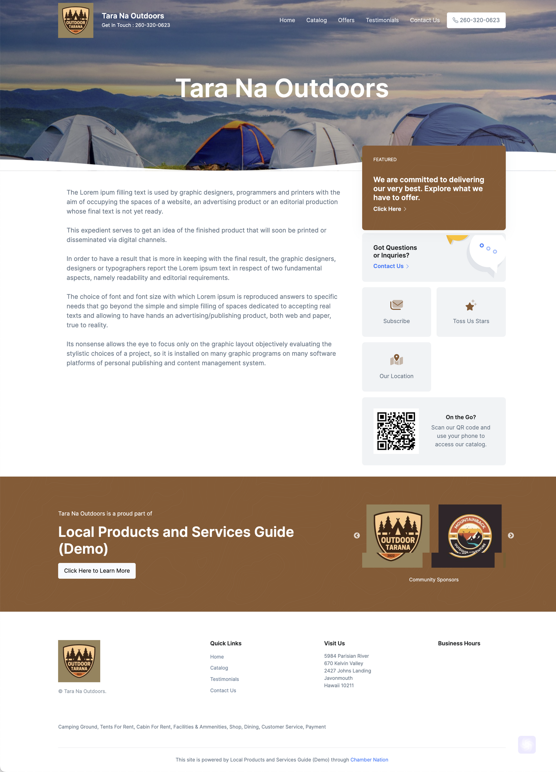 A screenshot of a website for tara na outdoors.