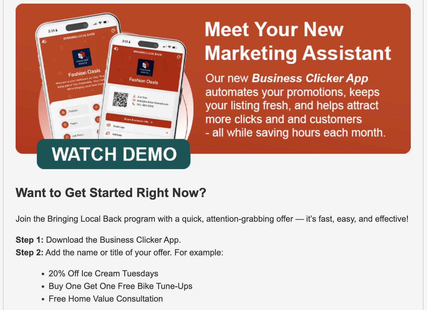 Advertisement for a marketing app. Two phones displayed, text promoting features and a
