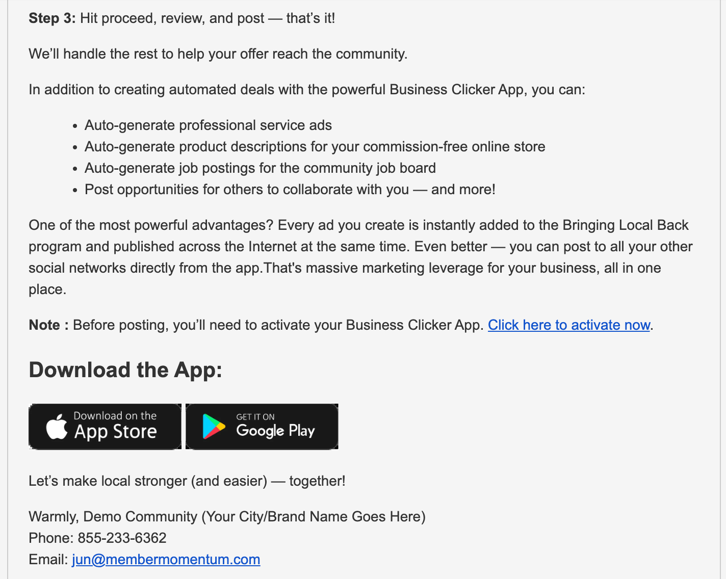 Screenshot of instructions to download the Business Clicker App. Contains text, download links, and app information.