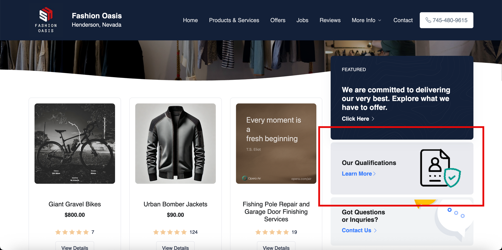 A screenshot of a website with a jacket and a bicycle on it.