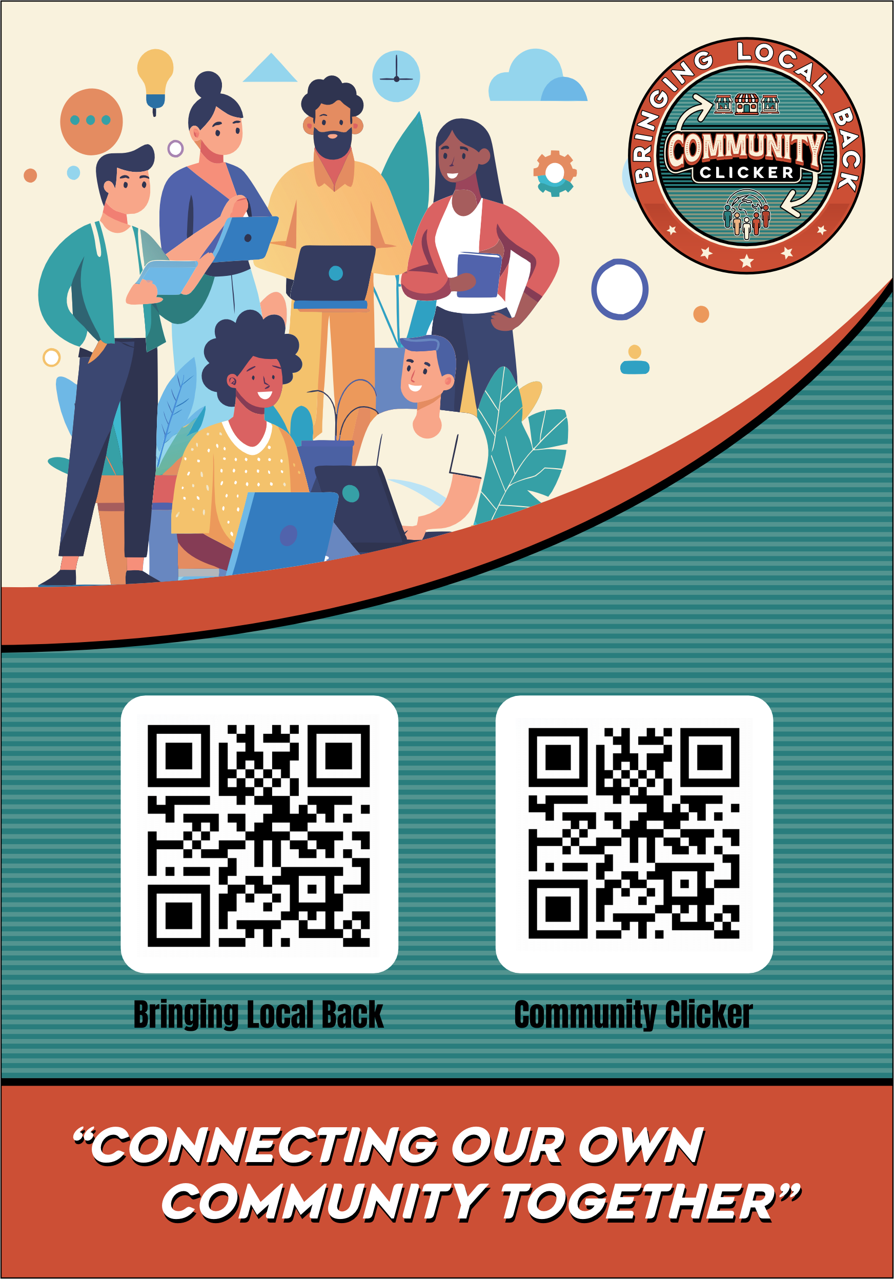 Poster with diverse group illustration, two QR codes, and tagline: “Connecting our own community together.”