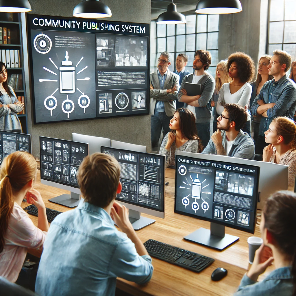 A group of people are sitting in front of computer monitors in a room.