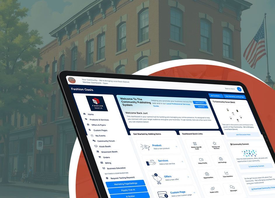 A tablet with a dashboard on it is sitting in front of a building.