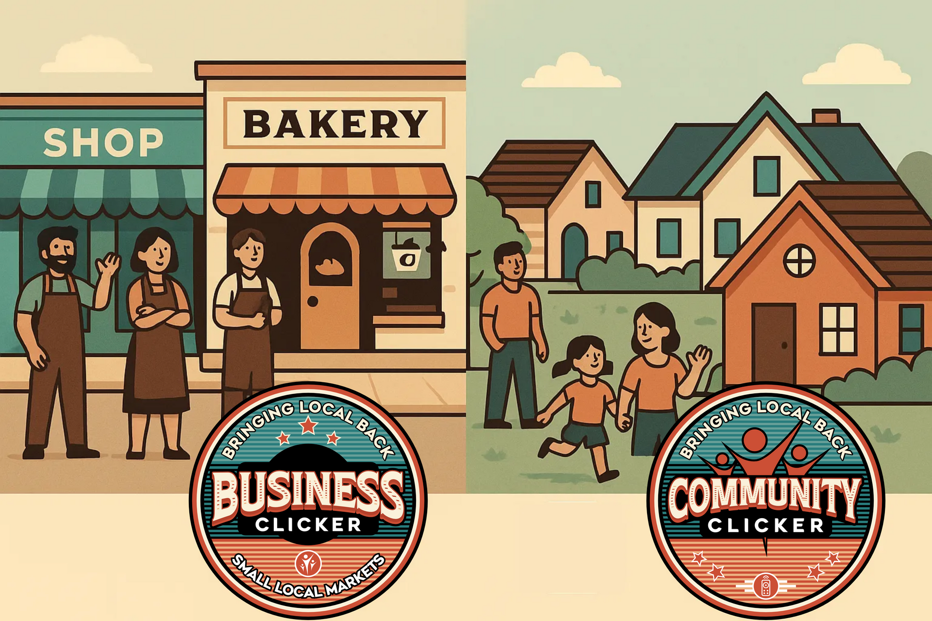 Split scene: bakery shop and neighborhood. Business clicker logo next to bakery staff. Community clicker logo next to family