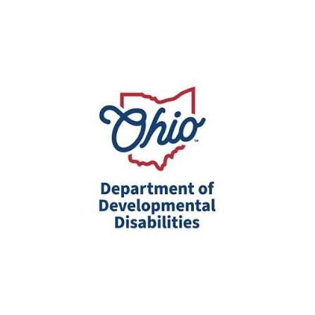 Logo for Ohio Department of Developmental Disabilities; Ohio outline in red with blue script 