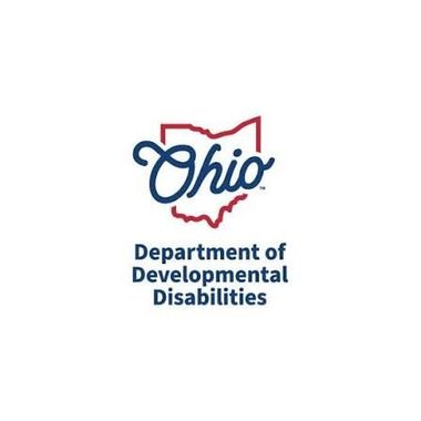 Logo for Ohio Department of Developmental Disabilities; Ohio outline in red with blue script 