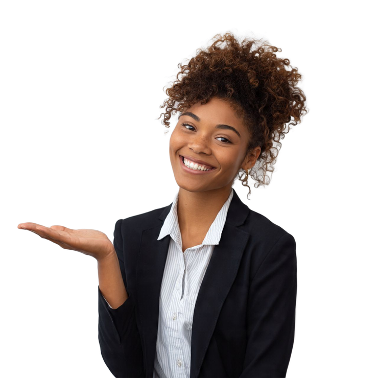 Woman in a blazer smiles and gestures with open palm, white background.