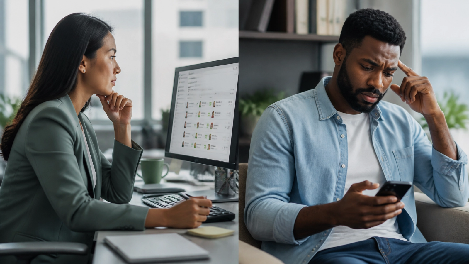 Two coworkers seated at desks in an office, both looking thoughtful at their computers.