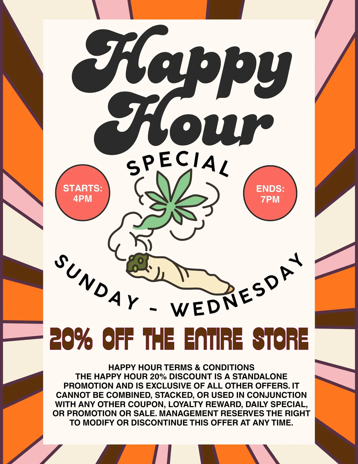 Advertisement for a happy hour special with cannabis leaf graphic, offering 20% off entire store Sunday-Wednesday.