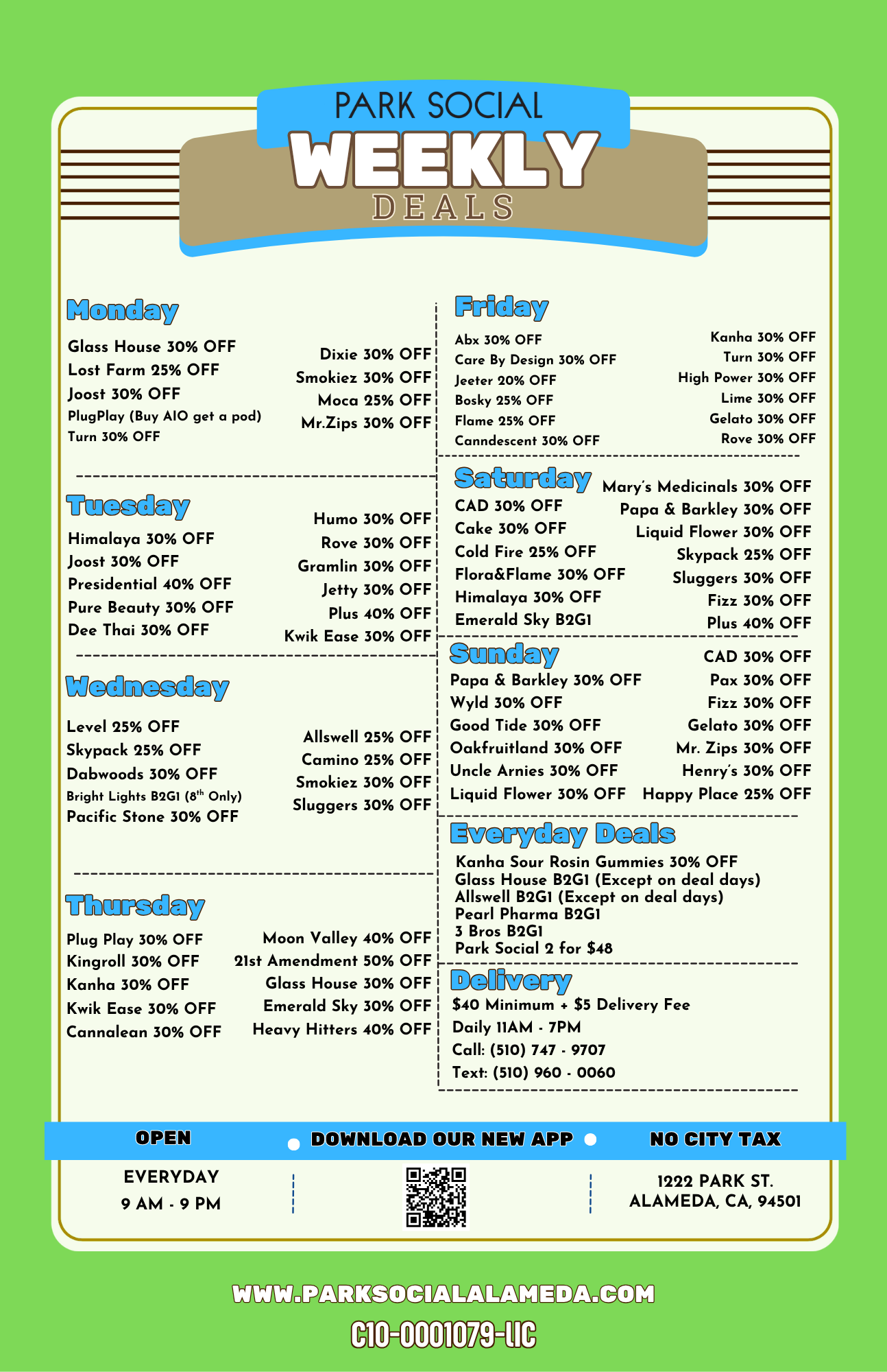 Advertisement for a happy hour special with cannabis leaf graphic, offering 20% off entire store Sunday-Wednesday.