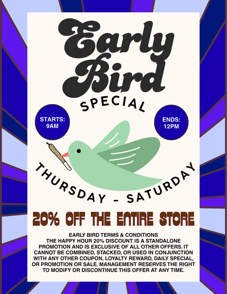 Advertisement for a happy hour special with cannabis leaf graphic, offering 20% off entire store Sunday-Wednesday.