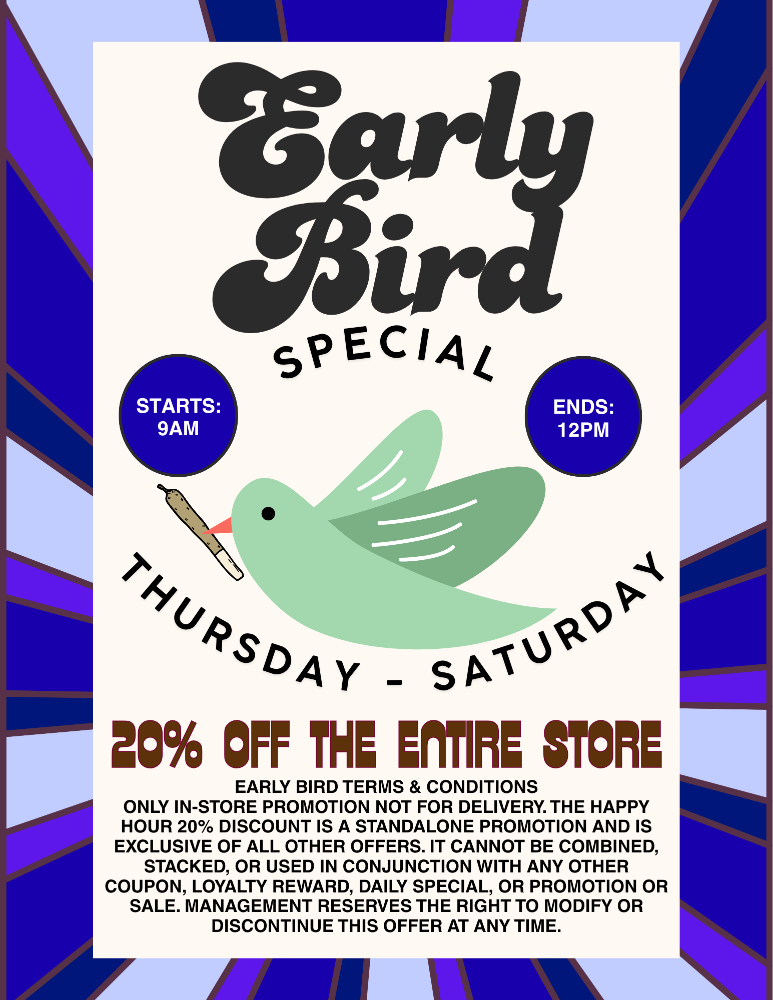 Advertisement for a happy hour special with cannabis leaf graphic, offering 20% off entire store Sunday-Wednesday.