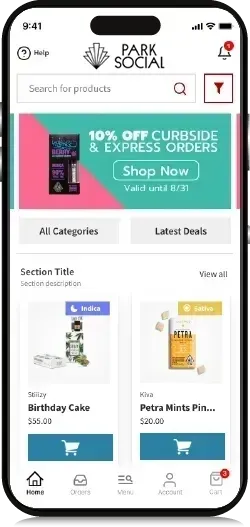 Mobile app displaying products for purchase, with a filter icon and shopping cart.