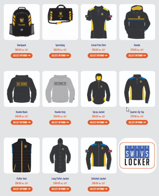 A grid of various branded clothing and sports gear items from Swivs Locker, each with a price and 