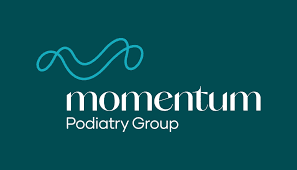 Logo for Momentum Podiatry Group featuring a teal, stylized line graphic above white text on a dark teal background.