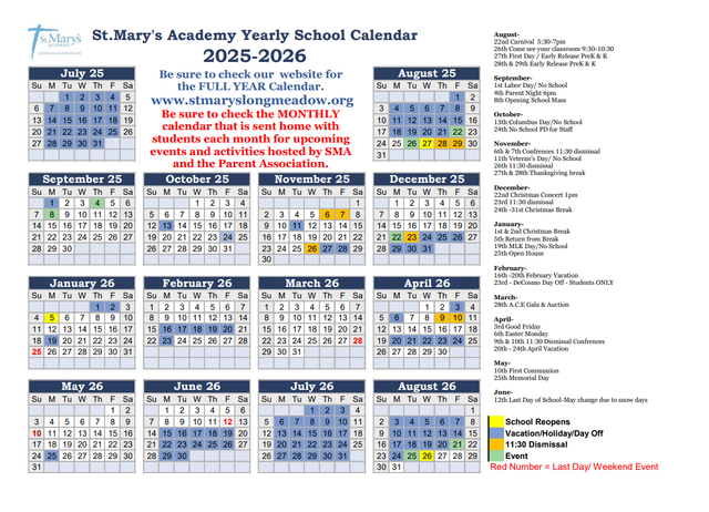 Yearly School Calendar at a Glance