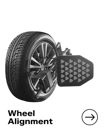 Wheel with alignment equipment attached; text "Wheel Alignment" with arrow.