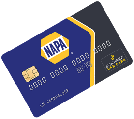 NAPA auto parts store credit card, blue and gold, with the Synchrony Car Care logo.