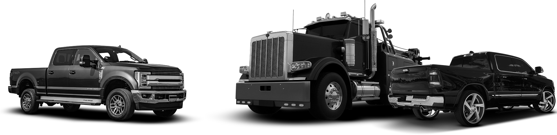 White RV, pickup truck, and SUV. Vehicles are side-by-side on a white background.