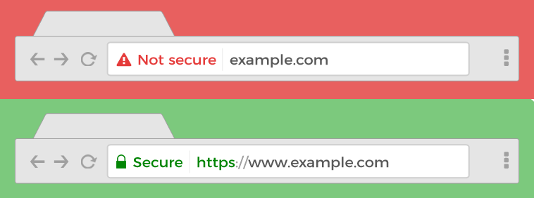 A red and green computer screen with a warning that the website is not secure.