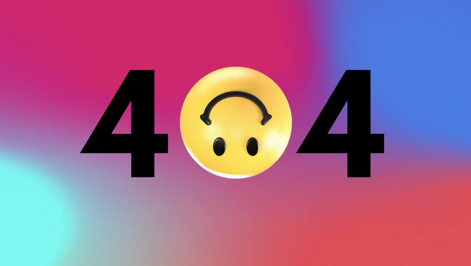 A smiley face with headphones and the number 404 on a colorful background.