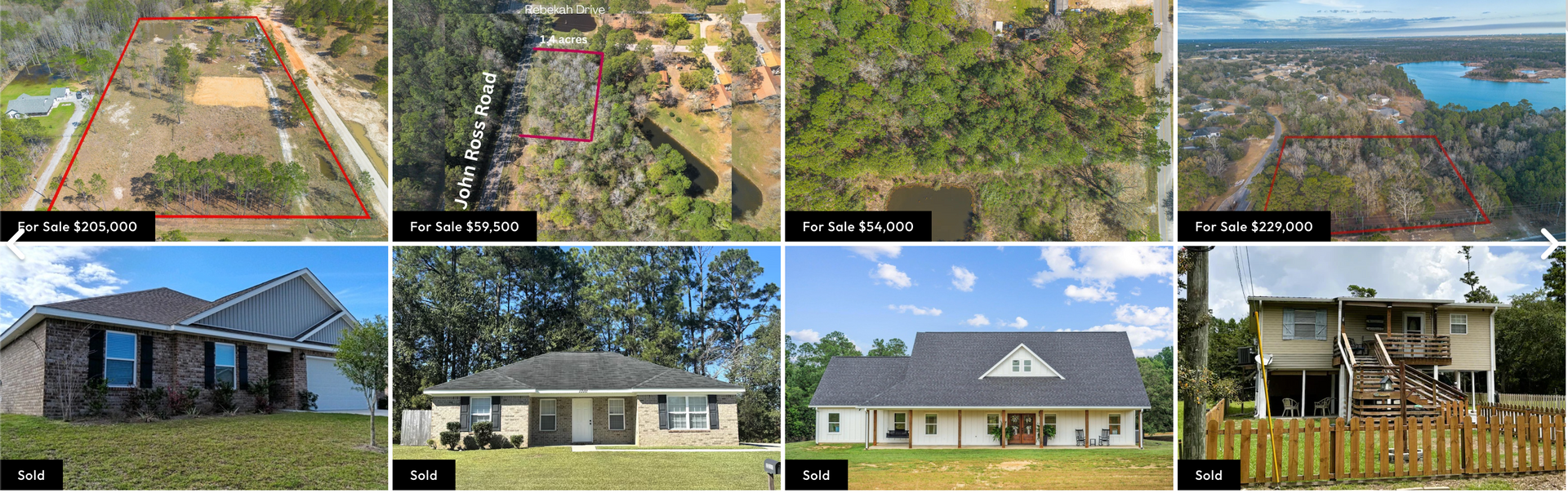 Collage of aerial and exterior views of a modern house and landscaped yard near water