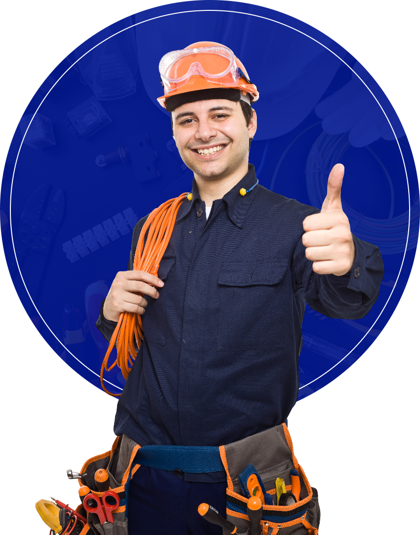 A man wearing a hard hat is giving a thumbs up