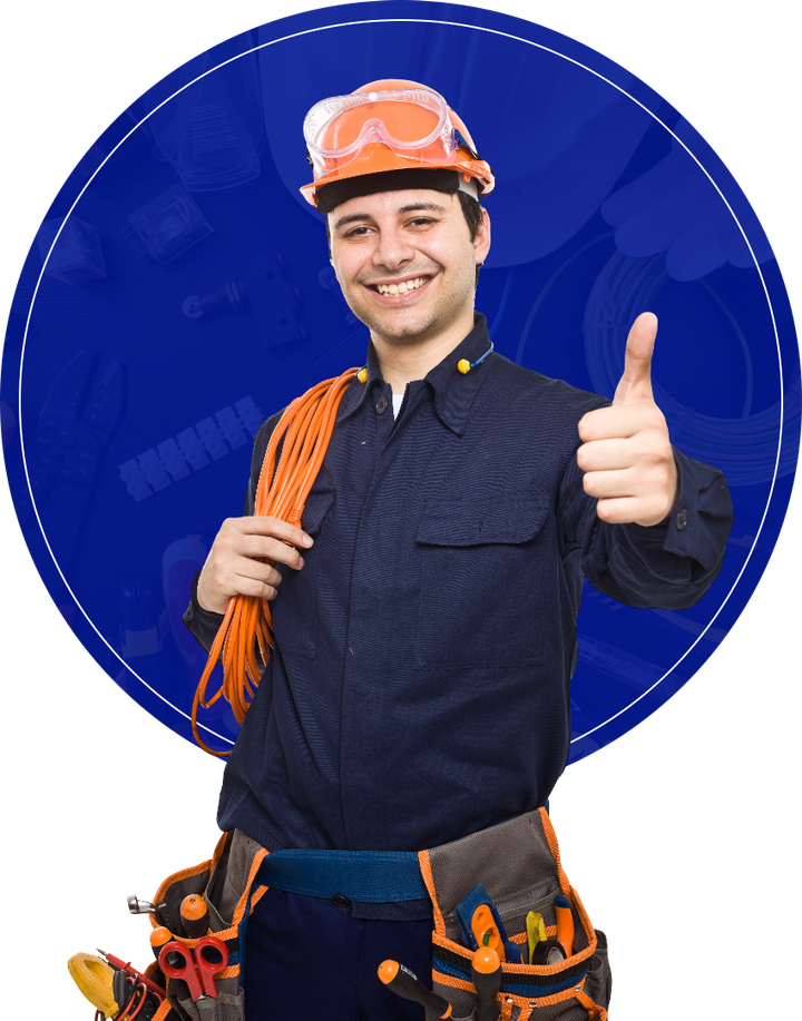 A man wearing a hard hat is giving a thumbs up