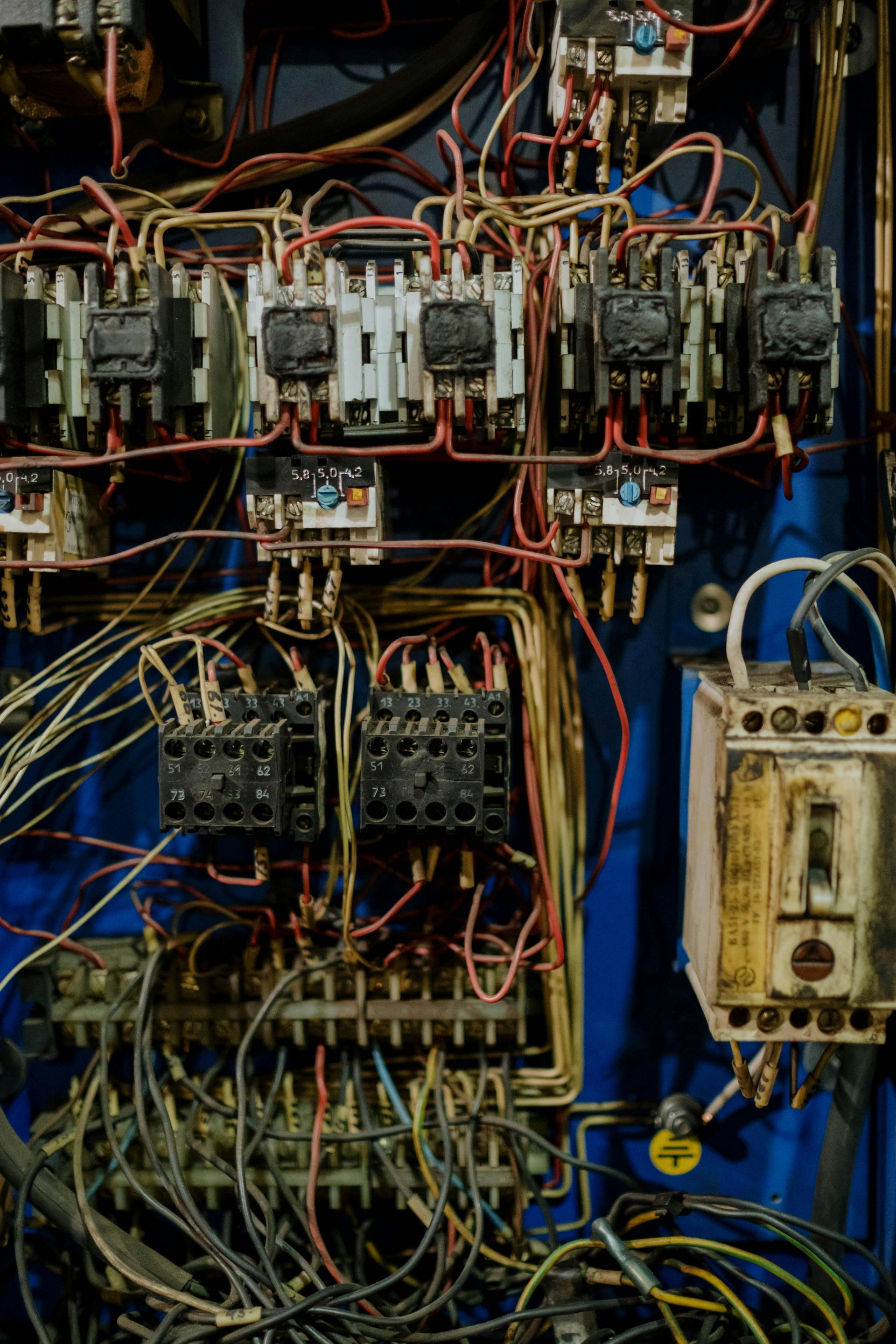 Dense electrical control panel with tangled multicolored wiring, relays, and switches on a blue backboard