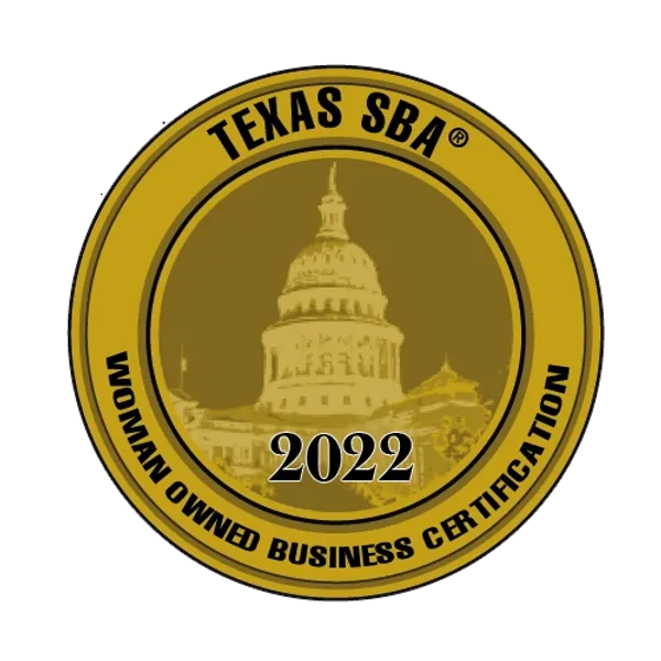 Texas SBA Woman Owned Business Certification badge with capitol building in center, gold and brown colors.