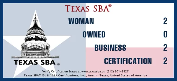 Texas SBA Woman-Owned Business Certification, 2022. Blue, white, and red graphic with a Texas capitol building.