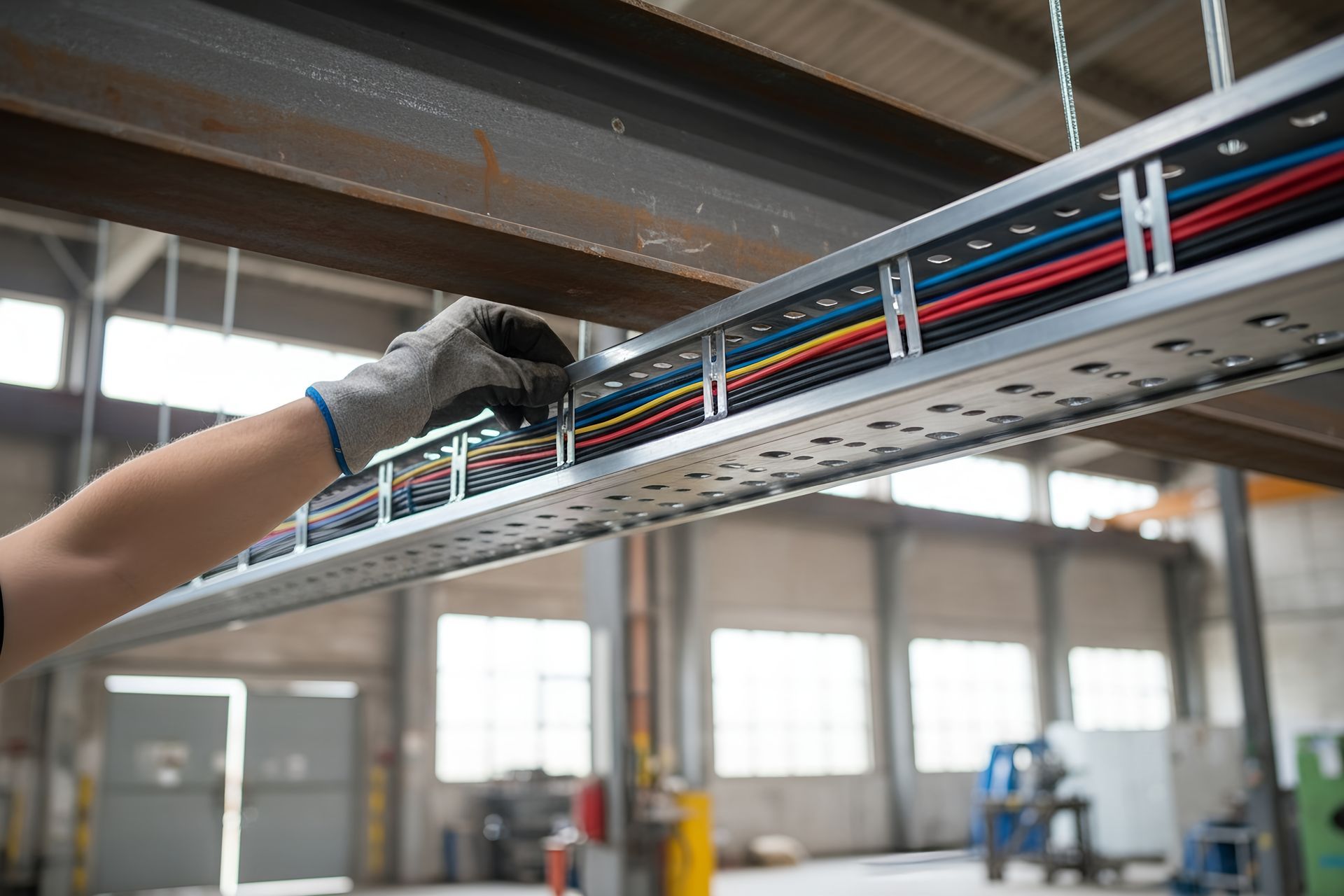 A gloved hand works on a metal cable tray suspended in a workshop, organizing colorful electrical wires.