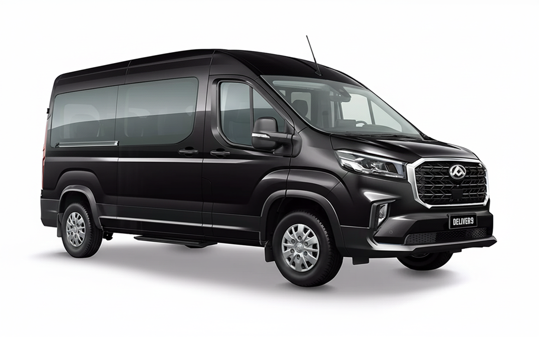 Black passenger van on a white background.