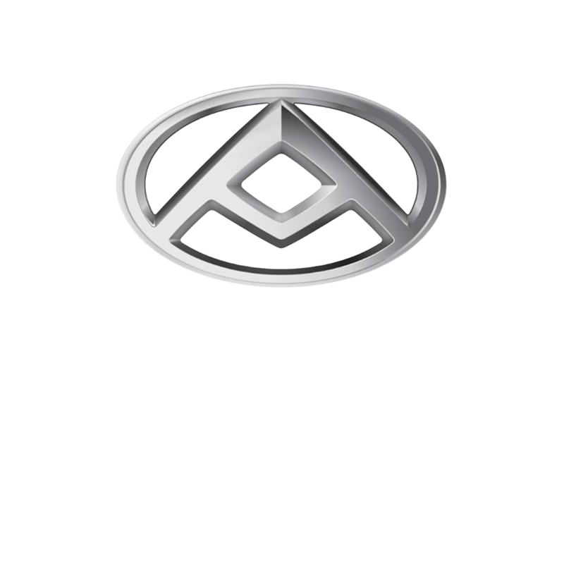 Silver logo of the Chery Automobile company within an oval frame, featuring a stylized “A” and diamond shape.