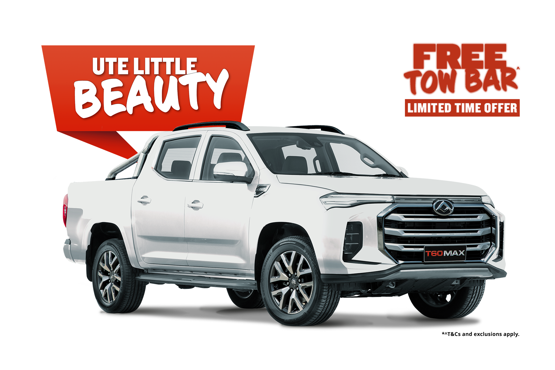 White pickup truck with black wheels, grille, and trim, angled from the front.