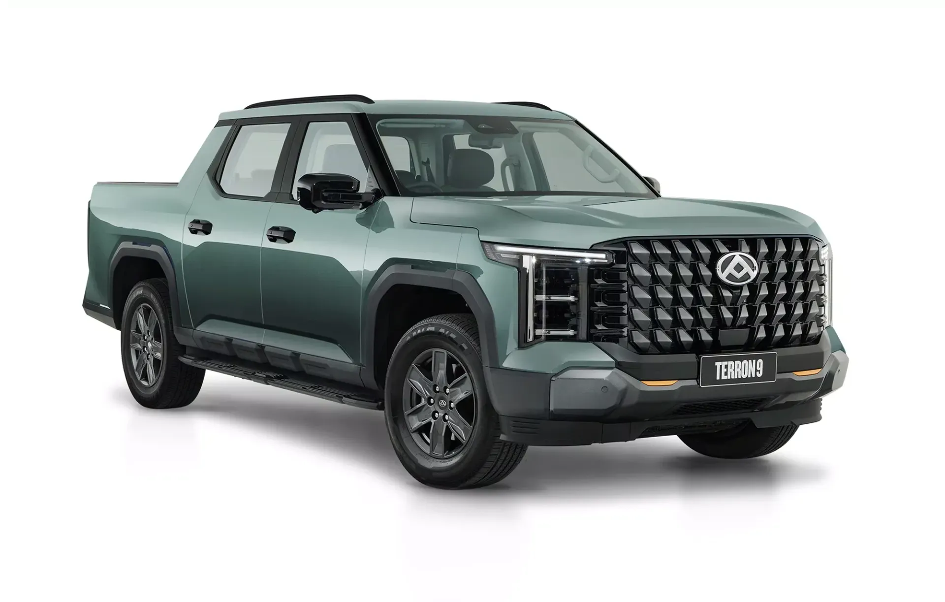 Green pickup truck on a white background with a large grill and black accents.