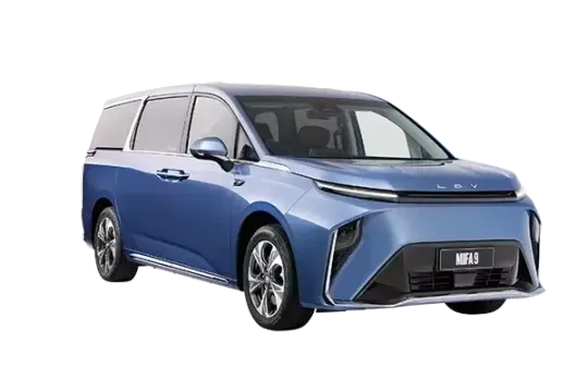 Blue electric MPV car, angled view. Features sleek design, silver accents, and black grille.