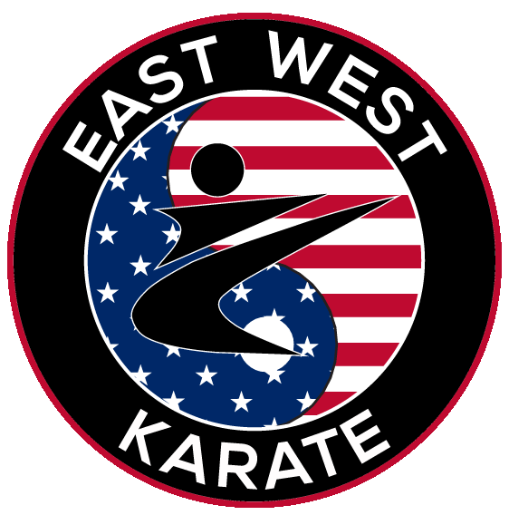 a logo for east west karate with an american flag in the background