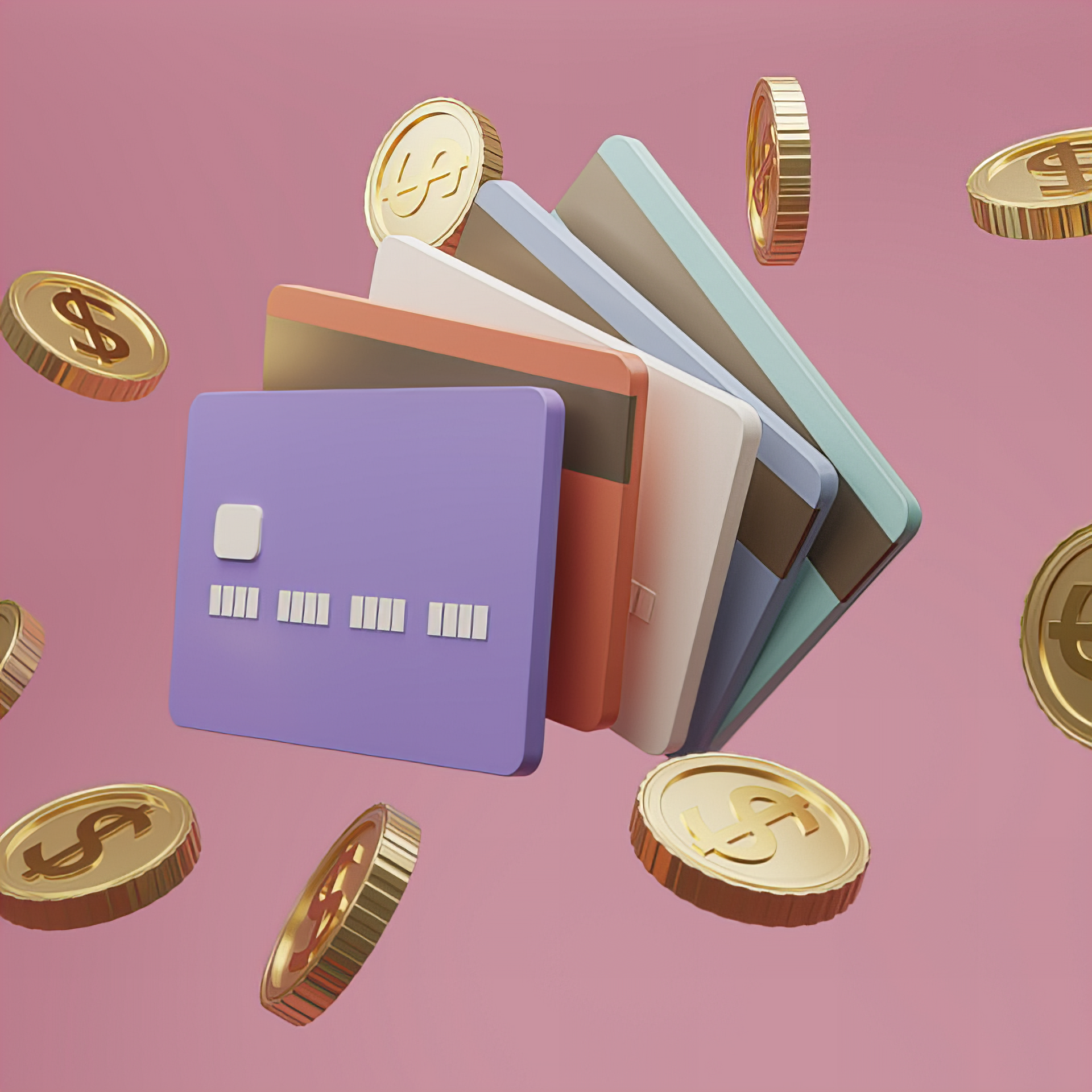 A stack of credit cards and coins on a pink background