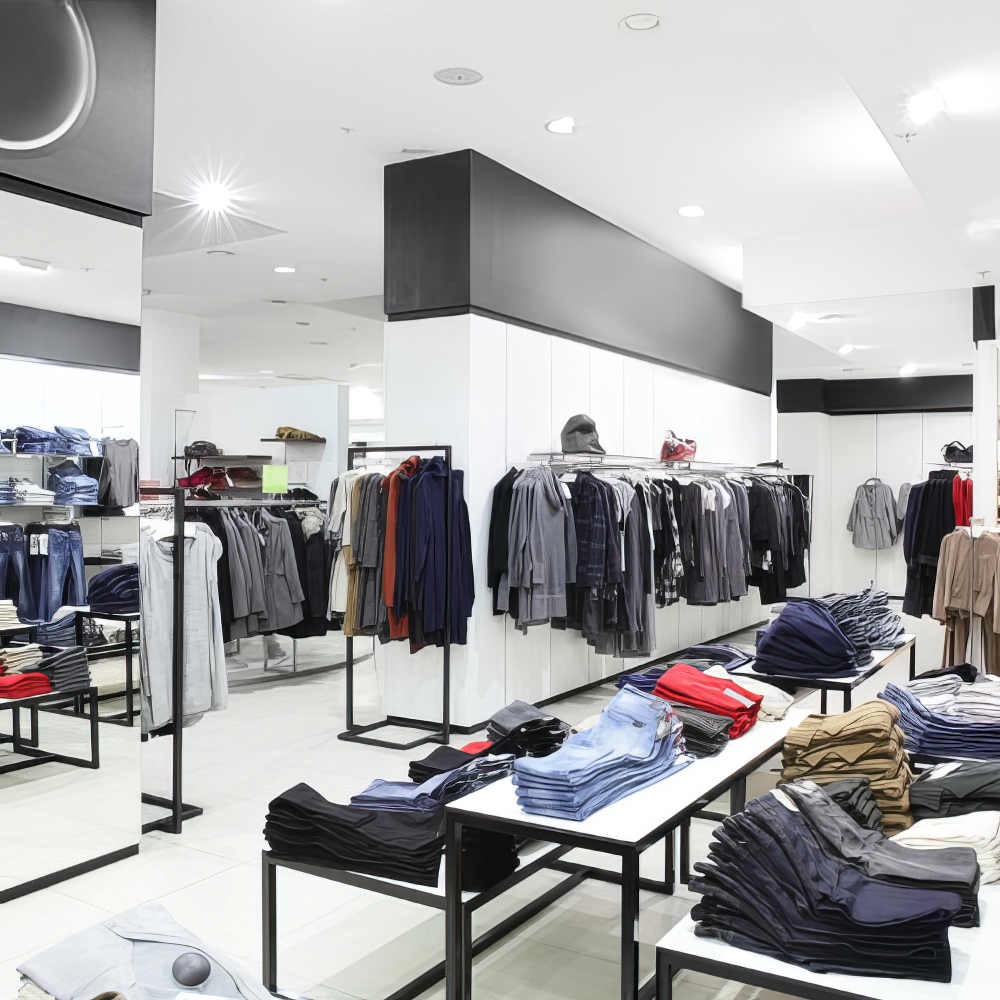 A clothing store with a lot of clothes on display