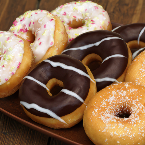 A variety of donuts are on a wooden plate Doms Donuts Ypsilanti MI