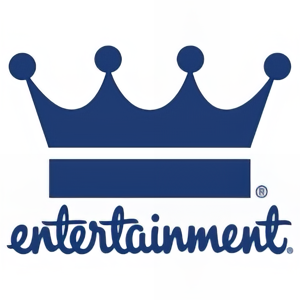 A blue logo for entertainment with a crown on it