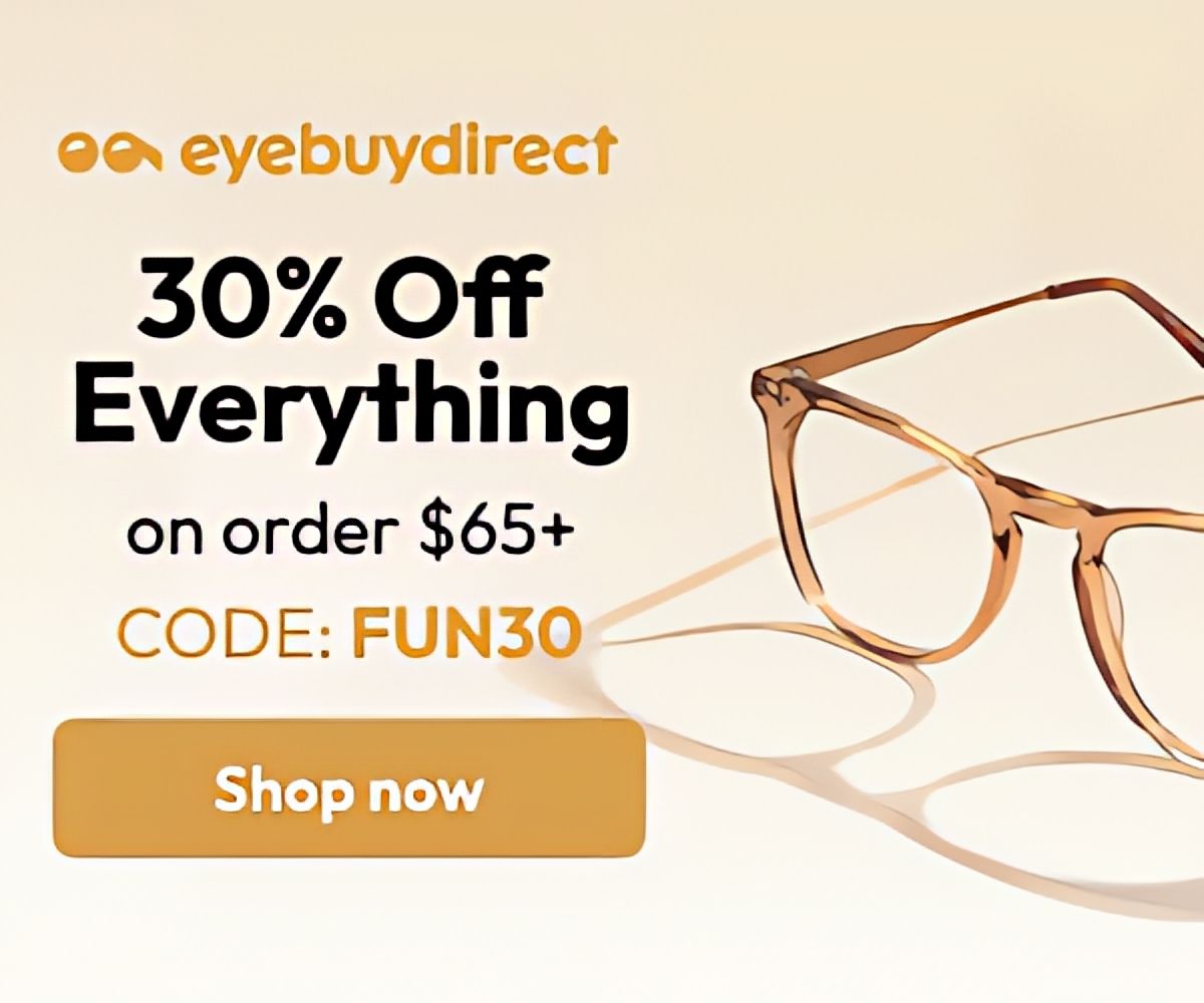 An advertisement for eyebuydirect shows a pair of glasses